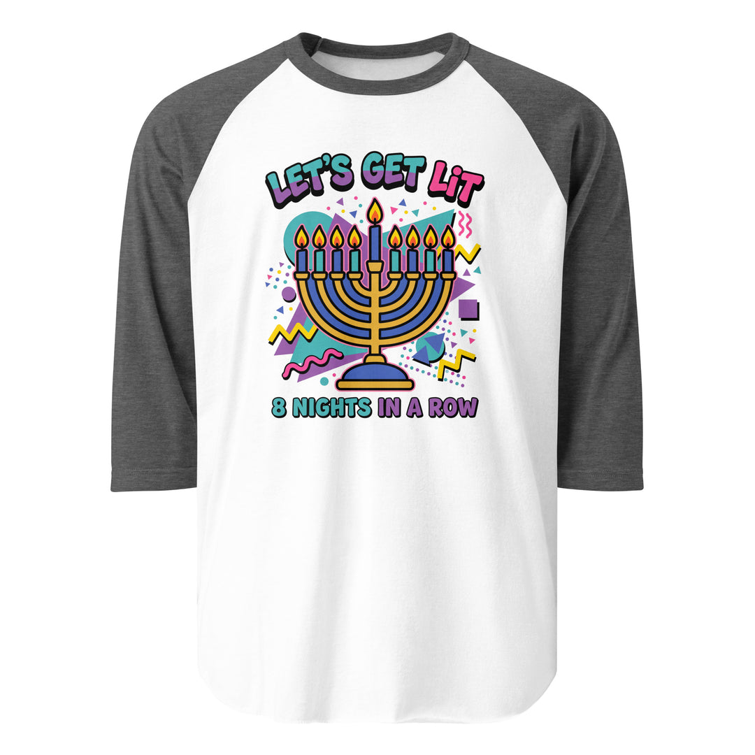 Lets Get Lit 90s Jewish pride 3/4 sleeve raglan shirt in White/Heather Charcoal - side view