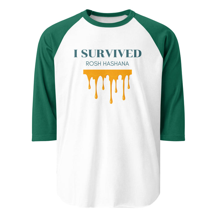 I Survived Rosh HaShana Jewish pride 3/4 sleeve raglan shirt in White/Kelly - back view