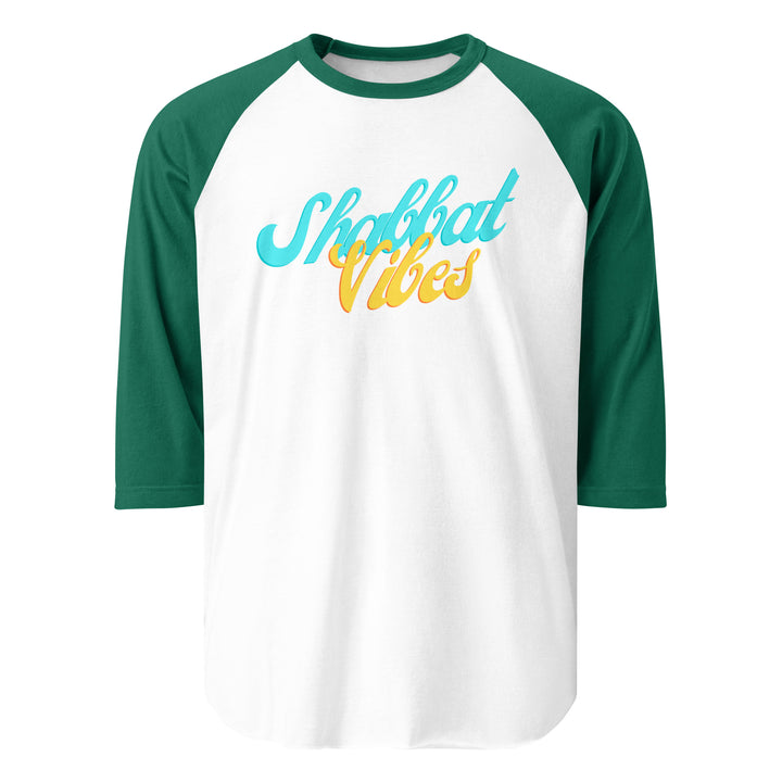 Shabbat Vibes Jewish pride 3/4 sleeve raglan shirt in White/Kelly - front view