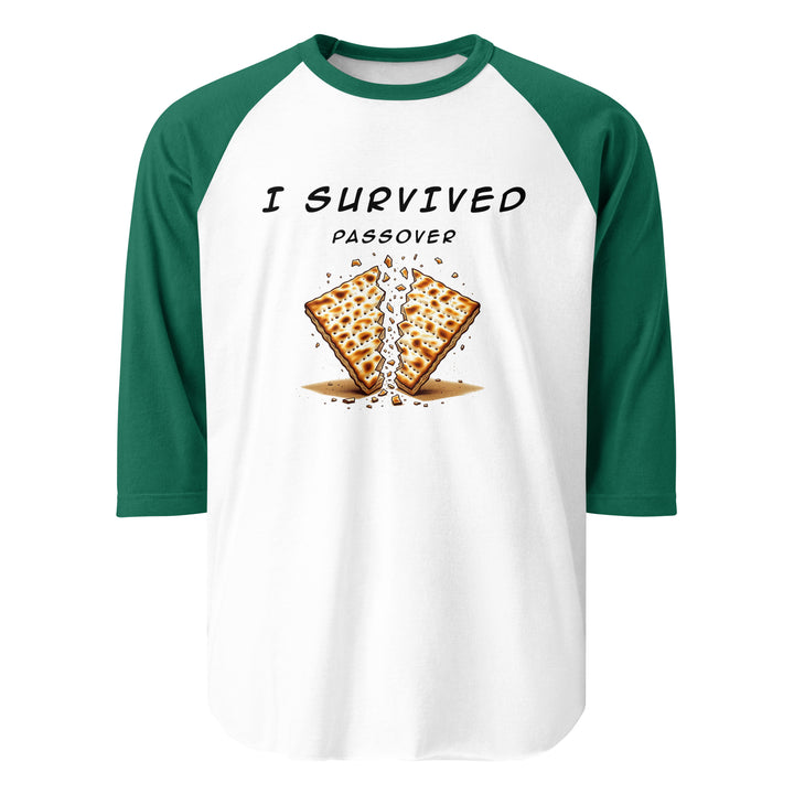 Passover Jewish pride 3/4 sleeve raglan shirt in White/Kelly - close-up