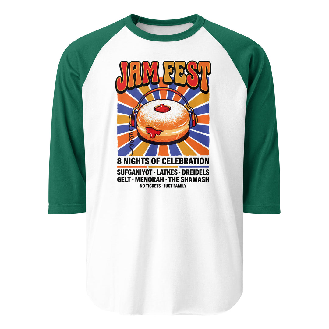 Jam Fest 8 Nights Jewish pride 3/4 sleeve raglan shirt in White/Kelly - folded view