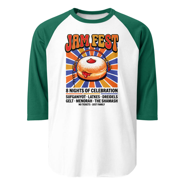 Jam Fest 8 Nights Jewish pride 3/4 sleeve raglan shirt in White/Kelly - folded view