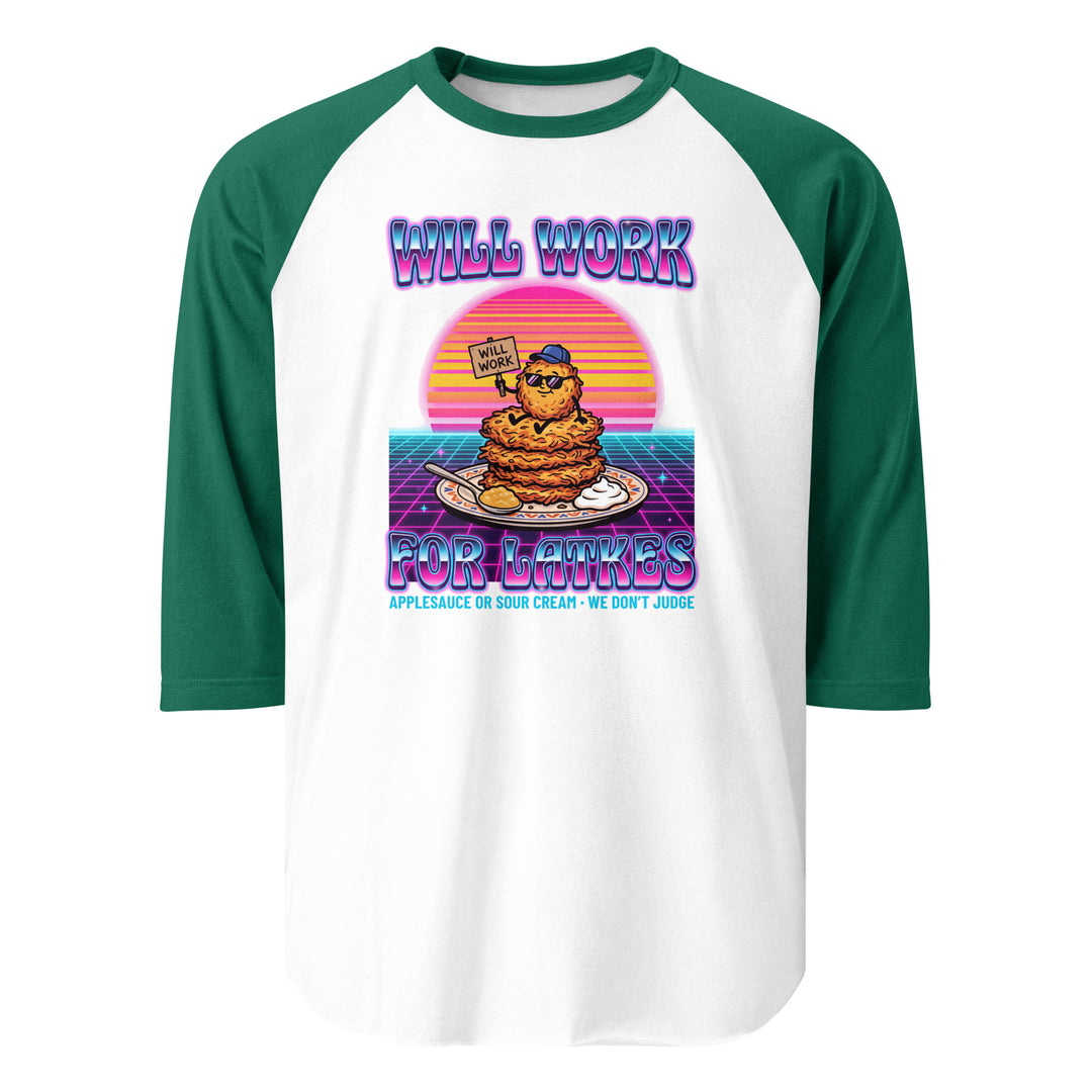 Will Work for Latkes 80s Jewish pride 3/4 sleeve raglan shirt in White/Kelly - front view