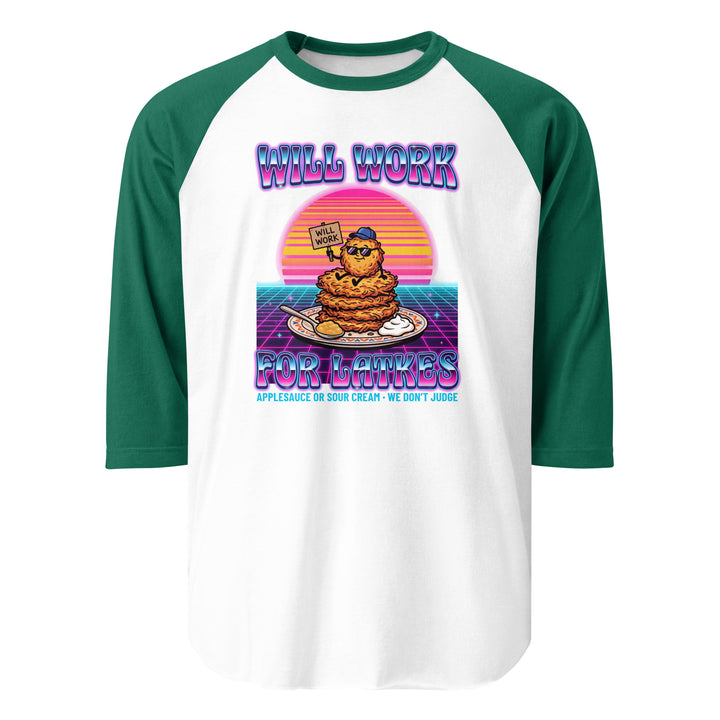 Will Work for Latkes 80s Jewish pride 3/4 sleeve raglan shirt in White/Kelly - front view