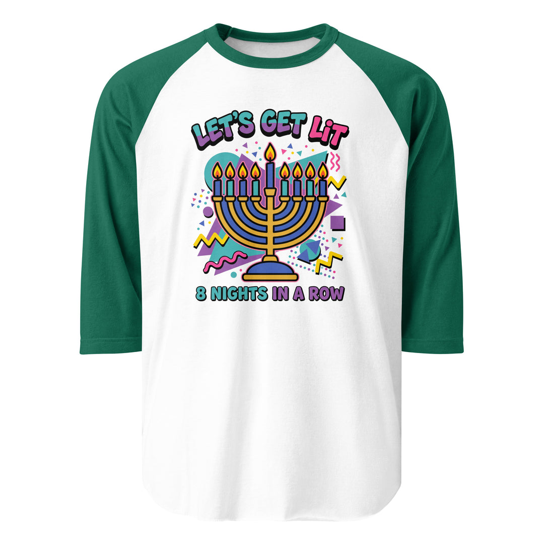 Lets Get Lit 90s Jewish pride 3/4 sleeve raglan shirt in White/Kelly - folded view