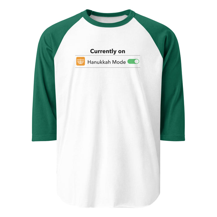 Hanukkah Mode Jewish pride 3/4 sleeve raglan shirt in White/Kelly - folded view