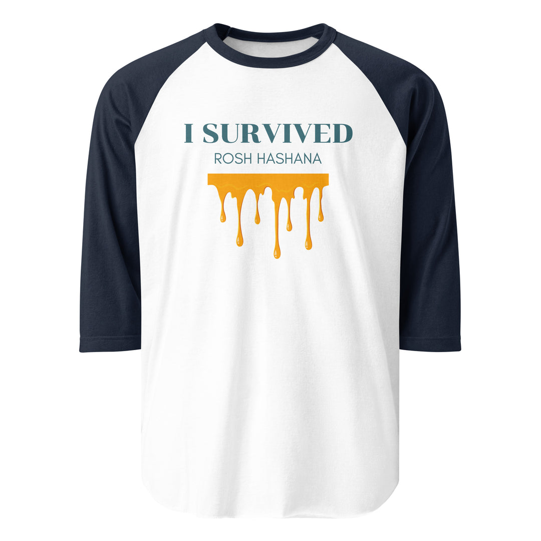 I Survived Rosh HaShana Jewish pride 3/4 sleeve raglan shirt in White/Navy - lifestyle shot