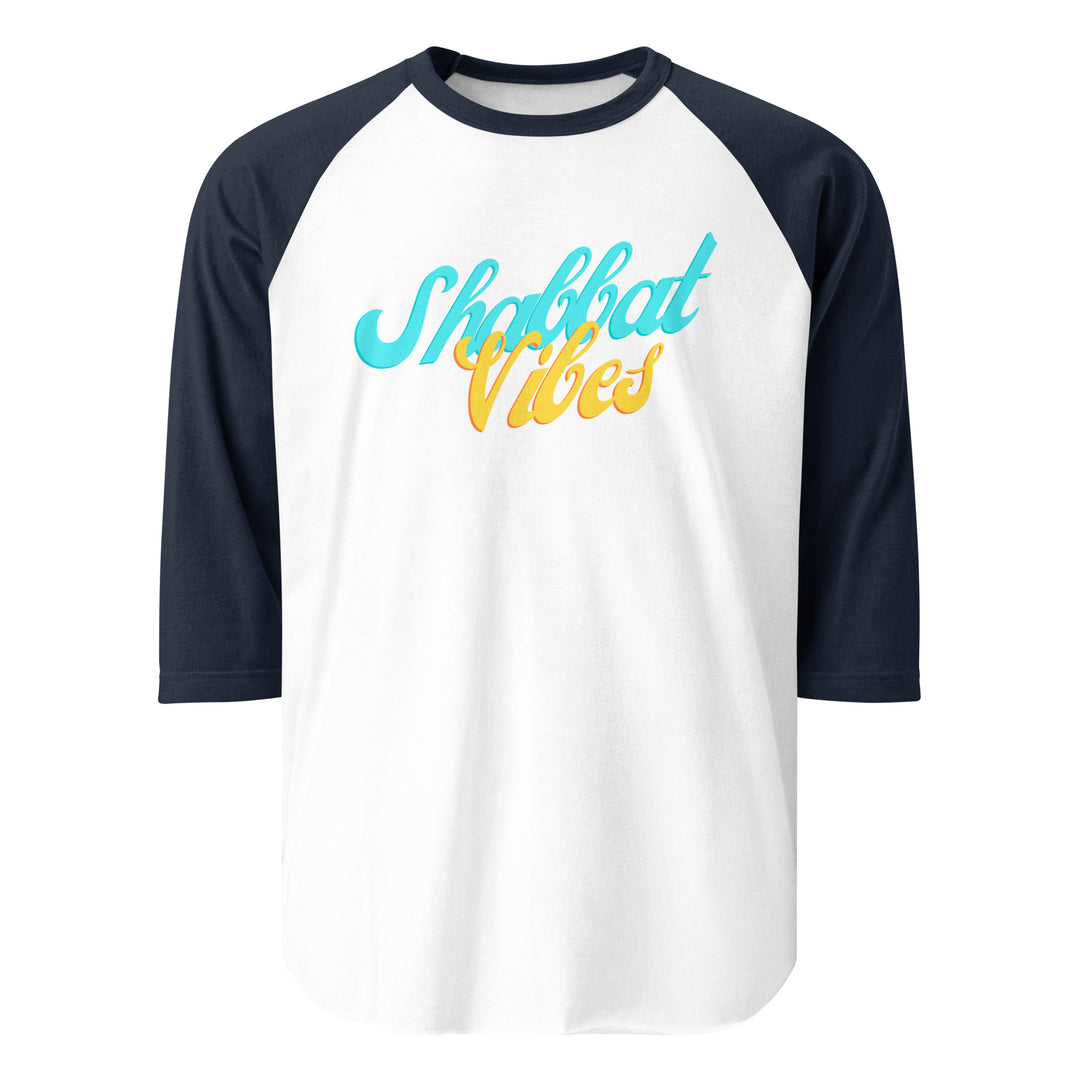 Shabbat Vibes Jewish pride 3/4 sleeve raglan shirt in White/Navy - flat lay