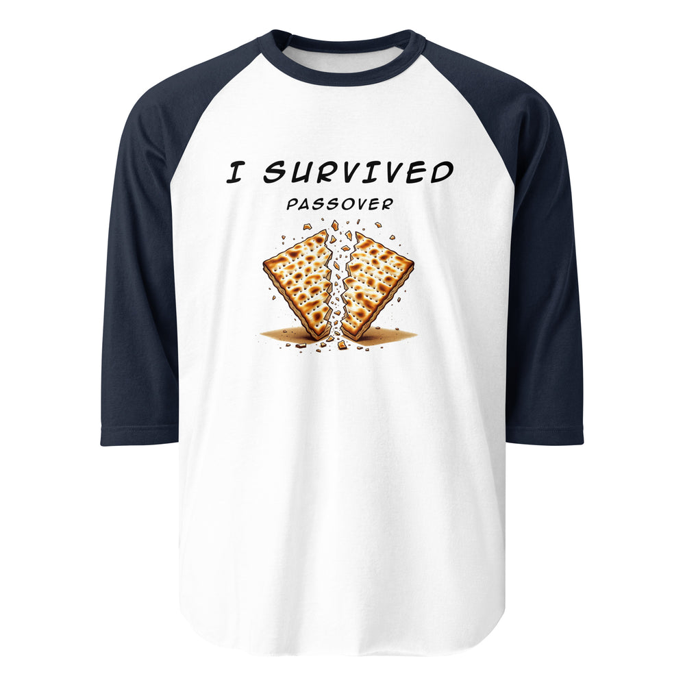 Passover Jewish pride 3/4 sleeve raglan shirt in White/Navy - back view