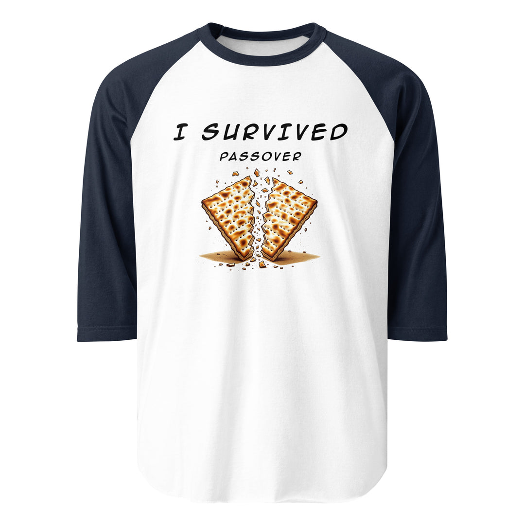 Passover Jewish pride 3/4 sleeve raglan shirt in White/Navy - back view