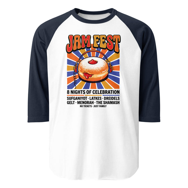 Jam Fest 8 Nights Jewish pride 3/4 sleeve raglan shirt in White/Navy - close-up