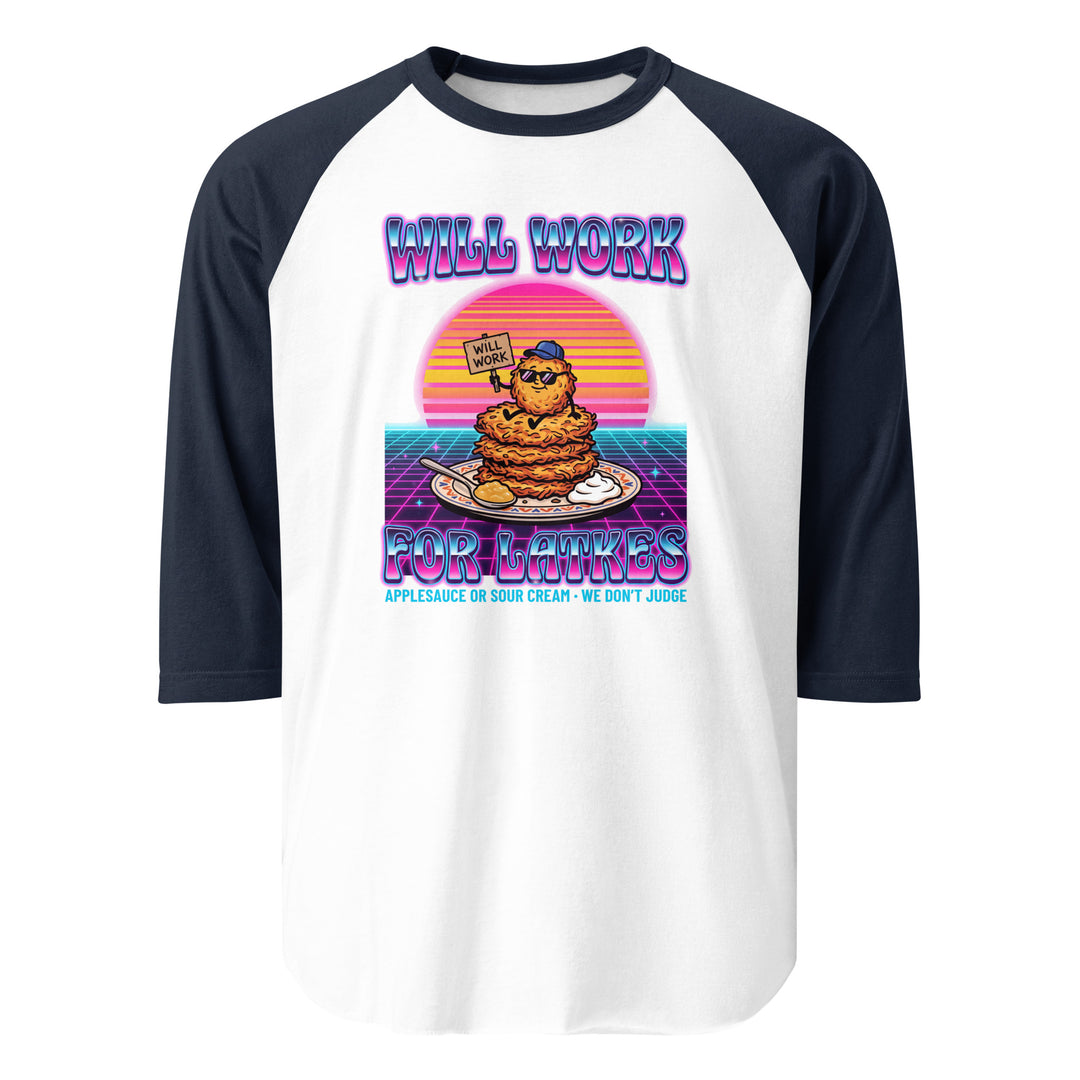 Will Work for Latkes 80s Jewish pride 3/4 sleeve raglan shirt in White/Navy - flat lay