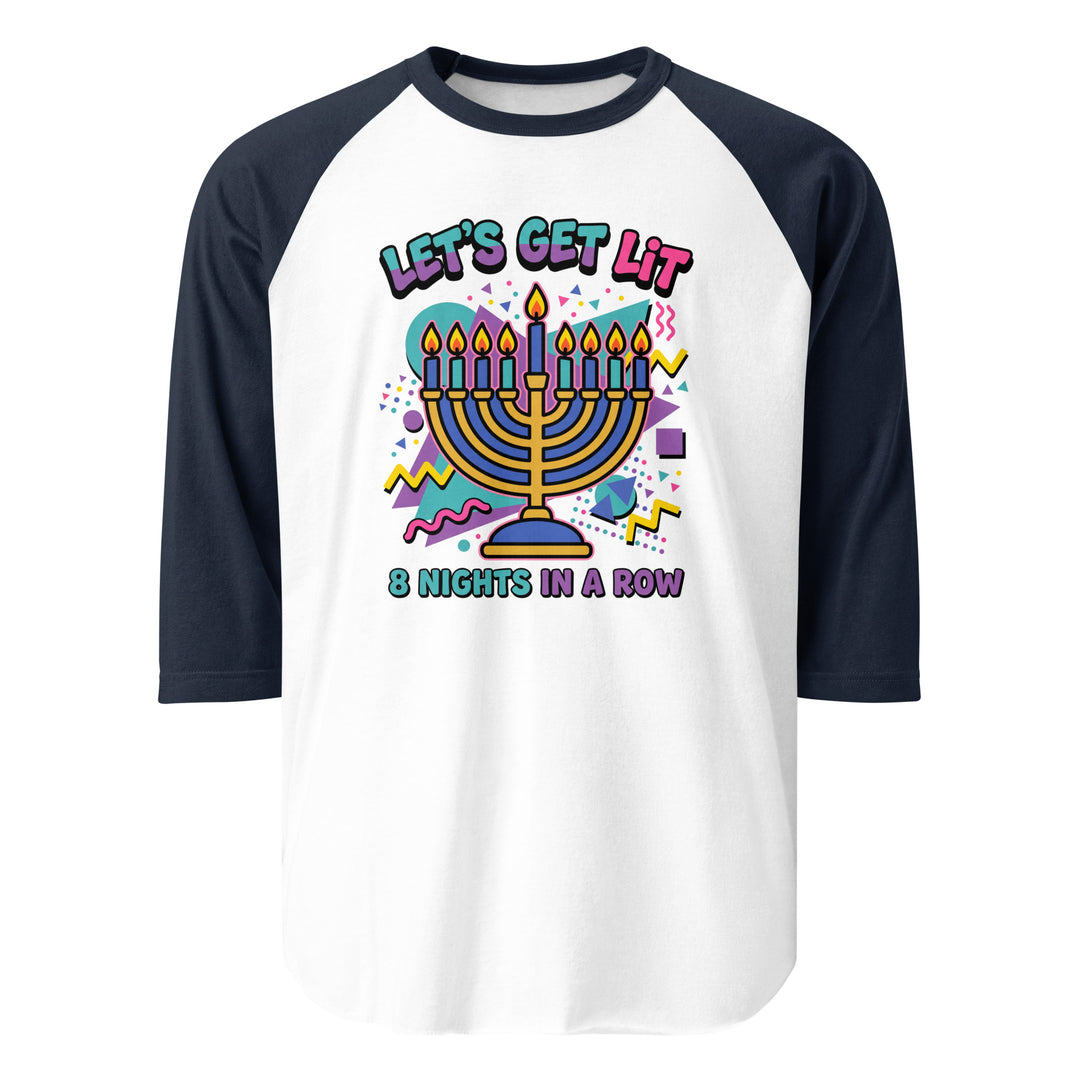 Lets Get Lit 90s Jewish pride 3/4 sleeve raglan shirt in White/Navy - close-up