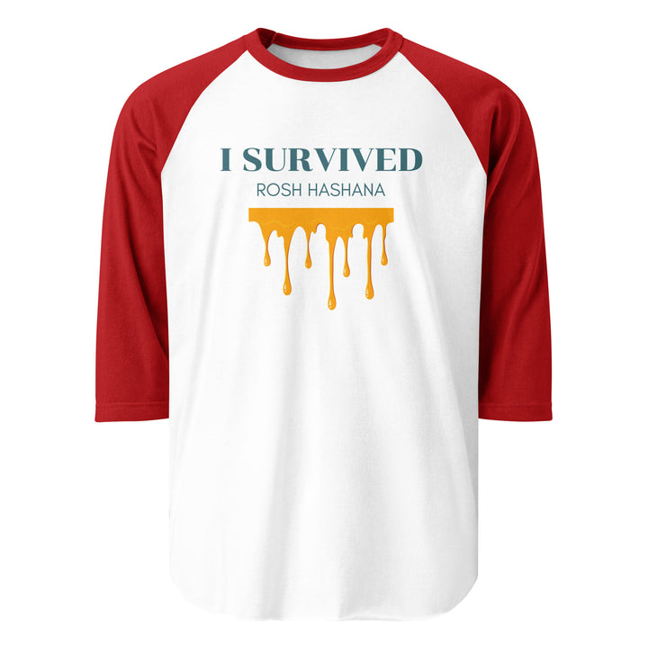 I Survived Rosh HaShana Jewish pride 3/4 sleeve raglan shirt in White/Red - folded view