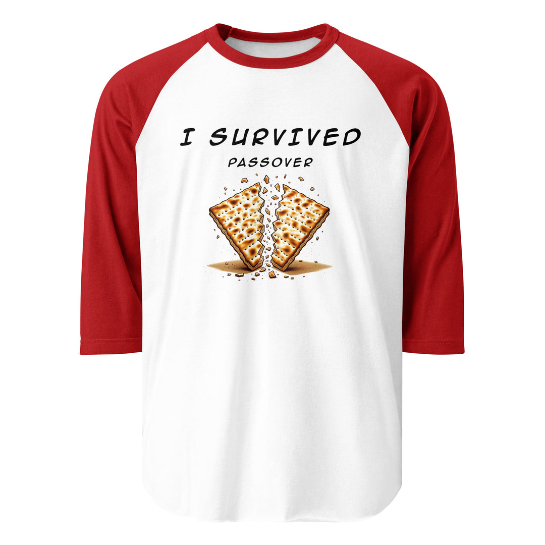 Passover Jewish pride 3/4 sleeve raglan shirt in White/Red - flat lay