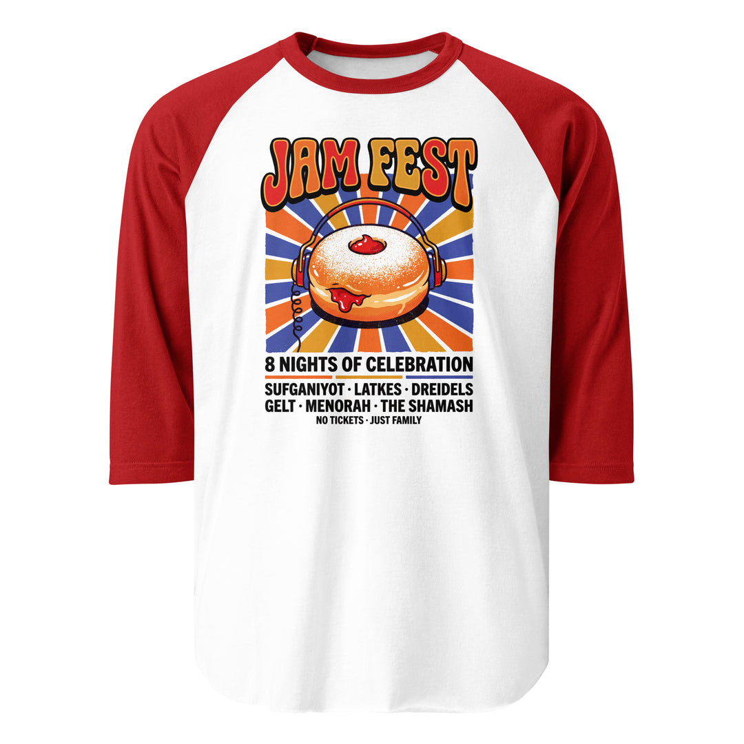 Jam Fest 8 Nights Jewish pride 3/4 sleeve raglan shirt in White/Red - lifestyle shot