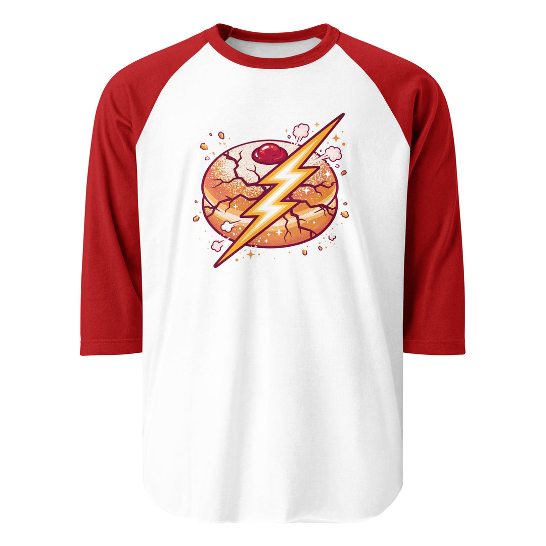 Sufganiyah Lightning Jewish pride 3/4 sleeve raglan shirt in White/Red - folded view