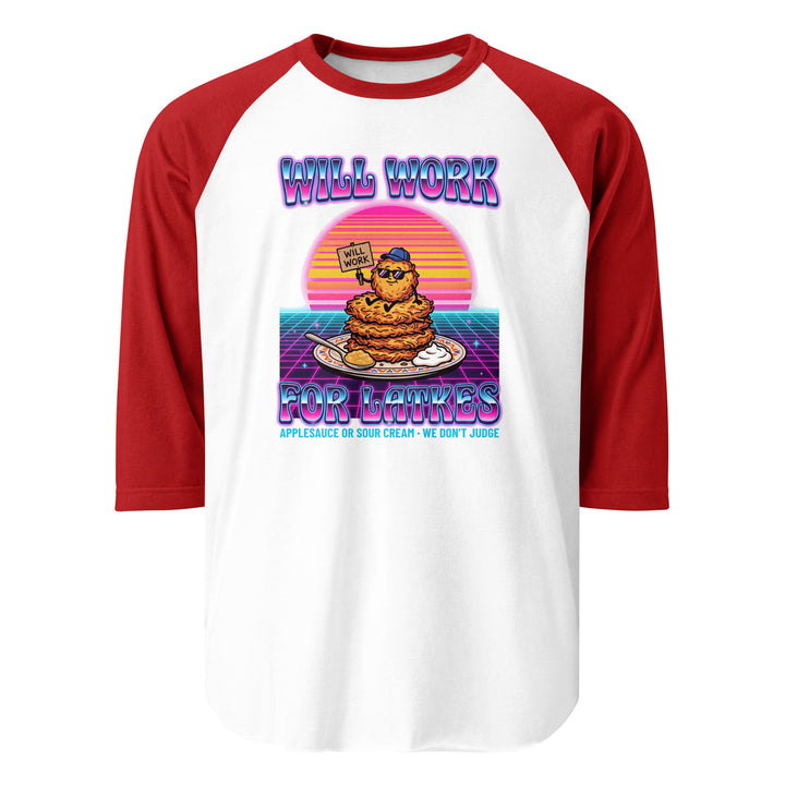 Will Work for Latkes 80s Jewish pride 3/4 sleeve raglan shirt in White/Red - side view
