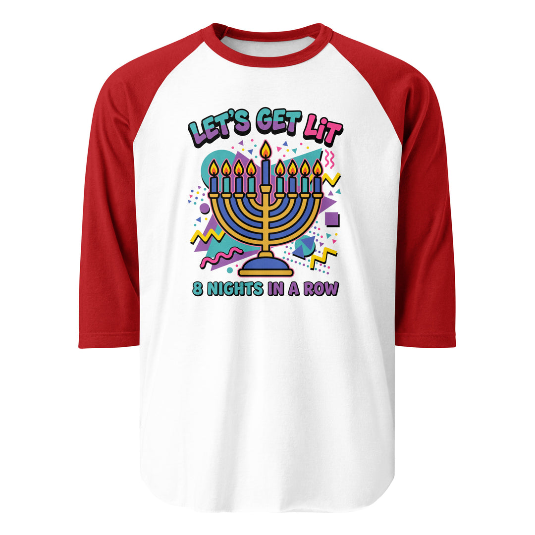 Lets Get Lit 90s Jewish pride 3/4 sleeve raglan shirt in White/Red - lifestyle shot