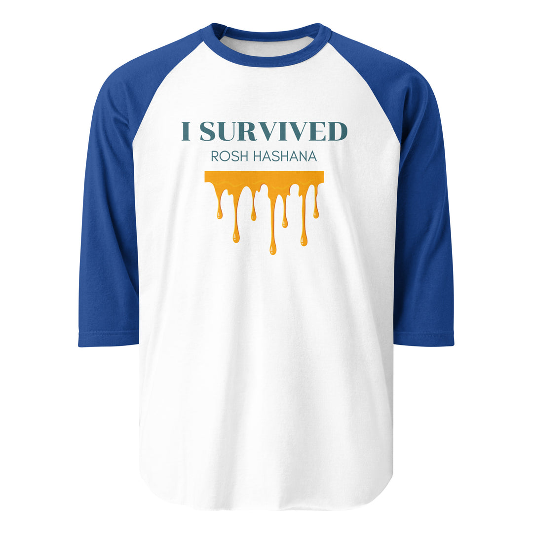 I Survived Rosh HaShana Jewish pride 3/4 sleeve raglan shirt in White/Royal - side view