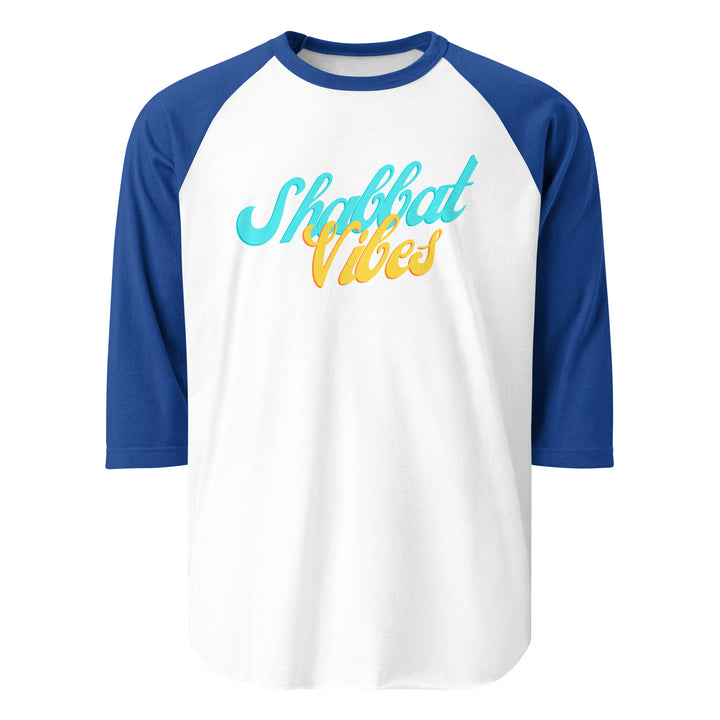 Shabbat Vibes Jewish pride 3/4 sleeve raglan shirt in White/Royal - lifestyle shot