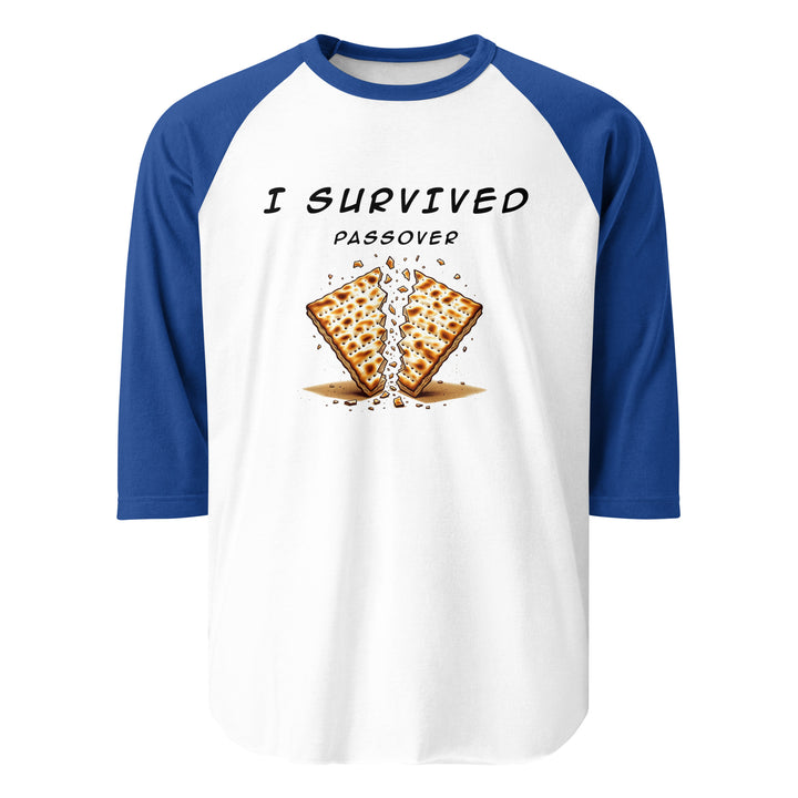 Passover Jewish pride 3/4 sleeve raglan shirt in White/Royal - lifestyle shot