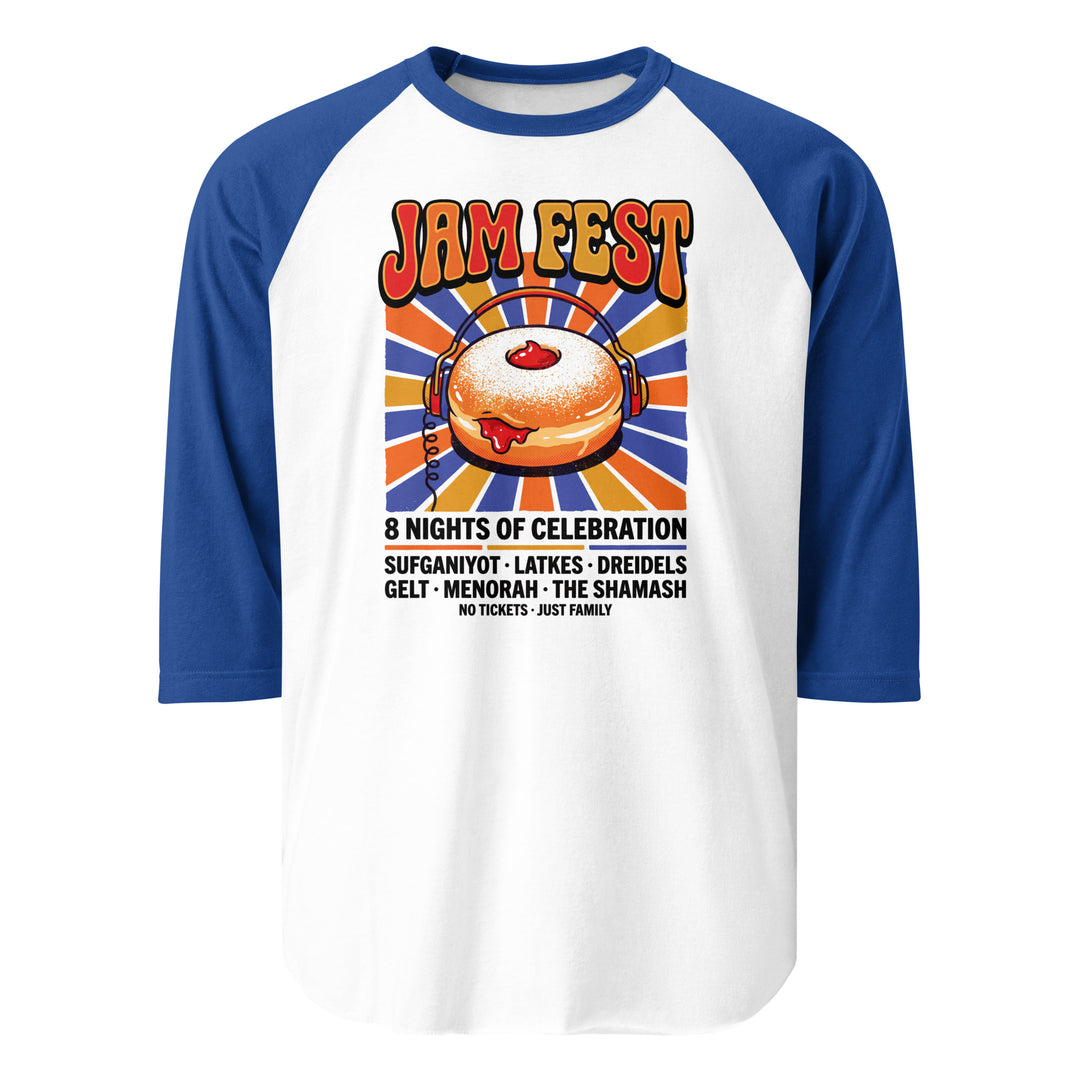 Jam Fest 8 Nights Jewish pride 3/4 sleeve raglan shirt in White/Royal - flat lay