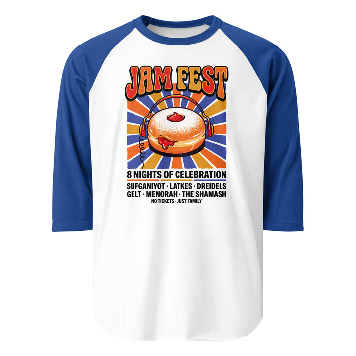 Jam Fest 8 Nights Jewish pride 3/4 sleeve raglan shirt in White/Royal - flat lay