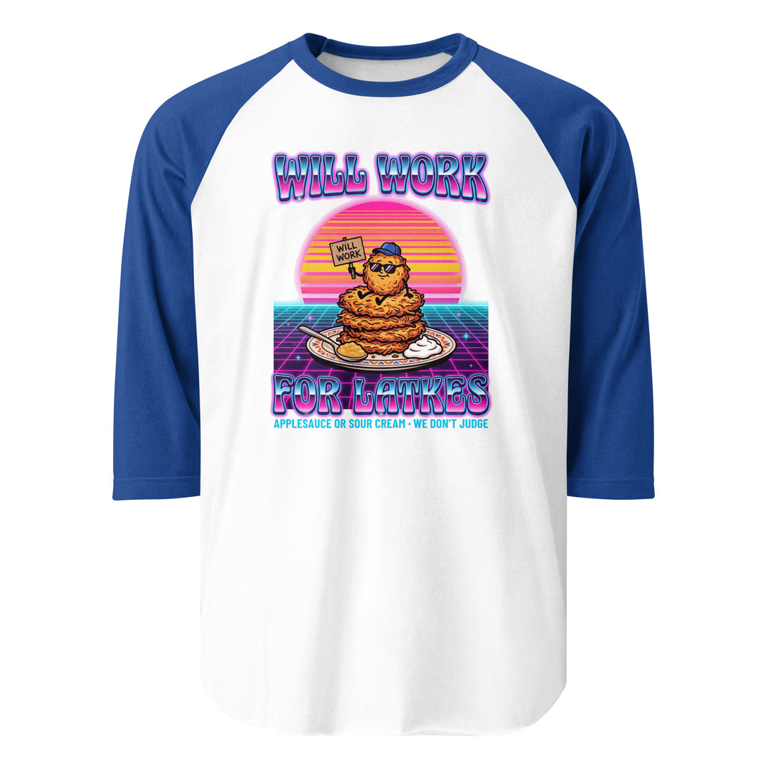 Will Work for Latkes 80s Jewish pride 3/4 sleeve raglan shirt in White/Royal - lifestyle shot