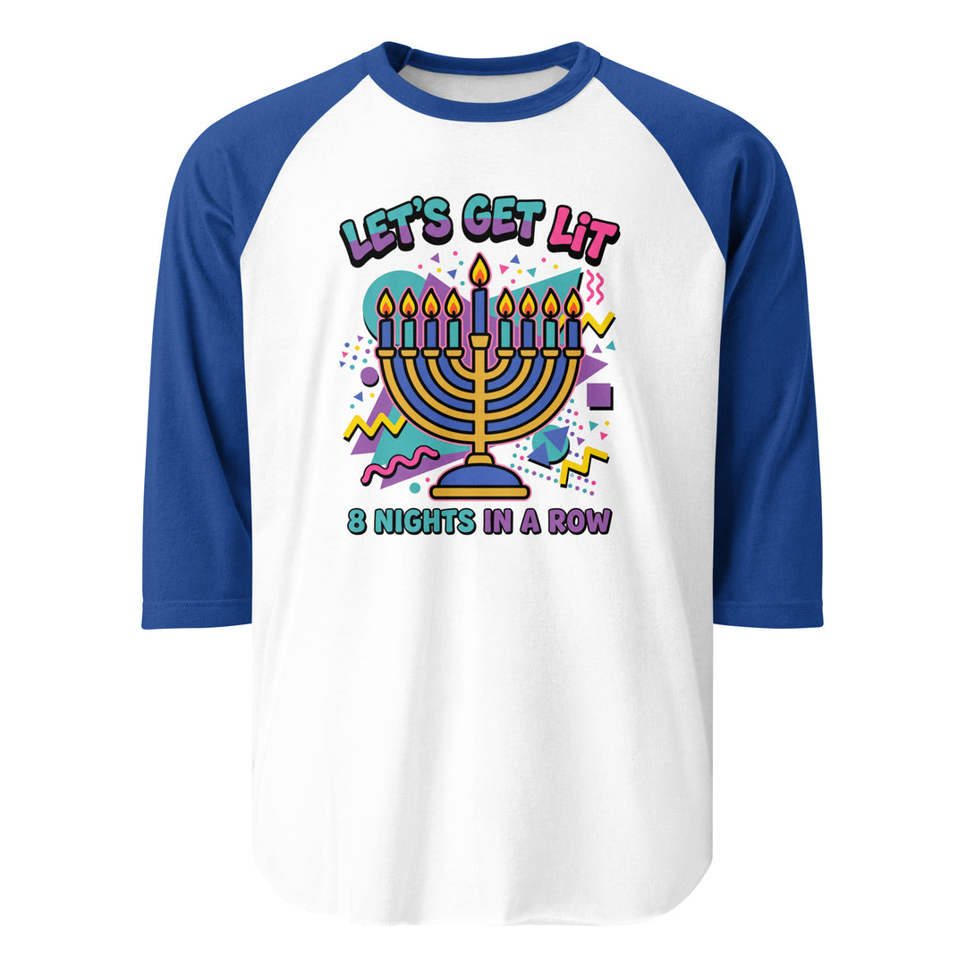 Lets Get Lit 90s Jewish pride 3/4 sleeve raglan shirt in White/Royal - flat lay
