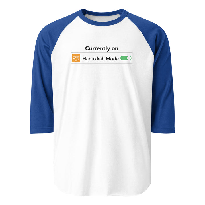Hanukkah Mode Jewish pride 3/4 sleeve raglan shirt in White/Royal - flat lay