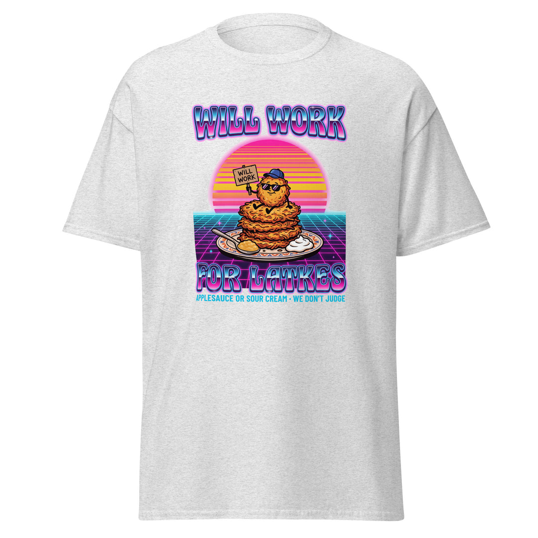 Will Work for Latkes 80s Jewish pride tee in Ash - close-up