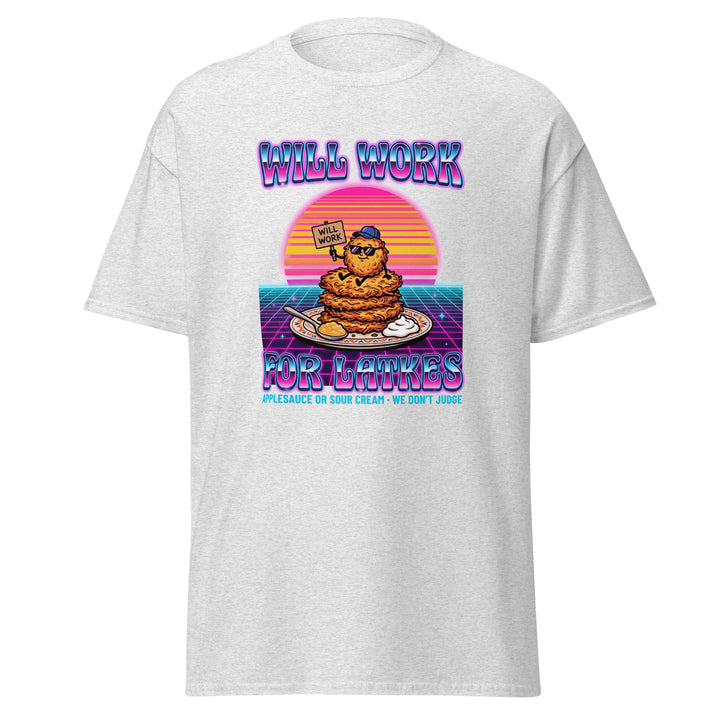 Will Work for Latkes 80s Jewish pride tee in Ash - close-up