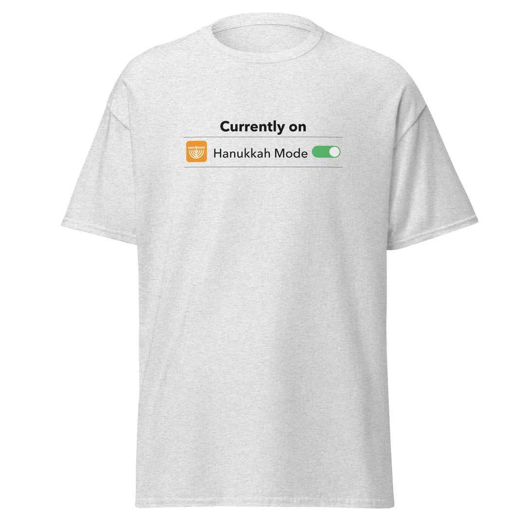 Hanukkah Mode Jewish pride tee in Ash - close-up