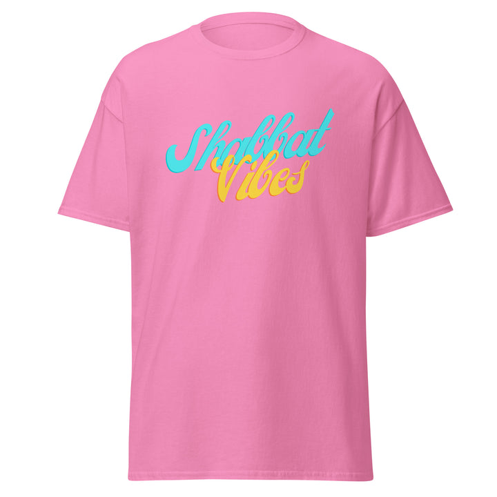 Shabbat Vibes Jewish pride tee in Azalea - front view