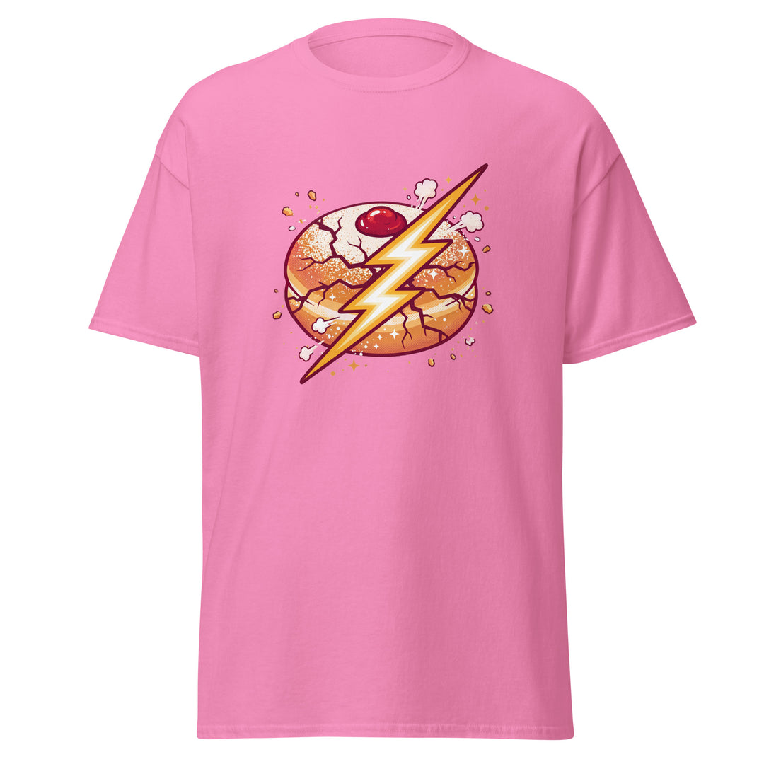 Sufganiyah Lightning Jewish pride tee in Azalea - side view