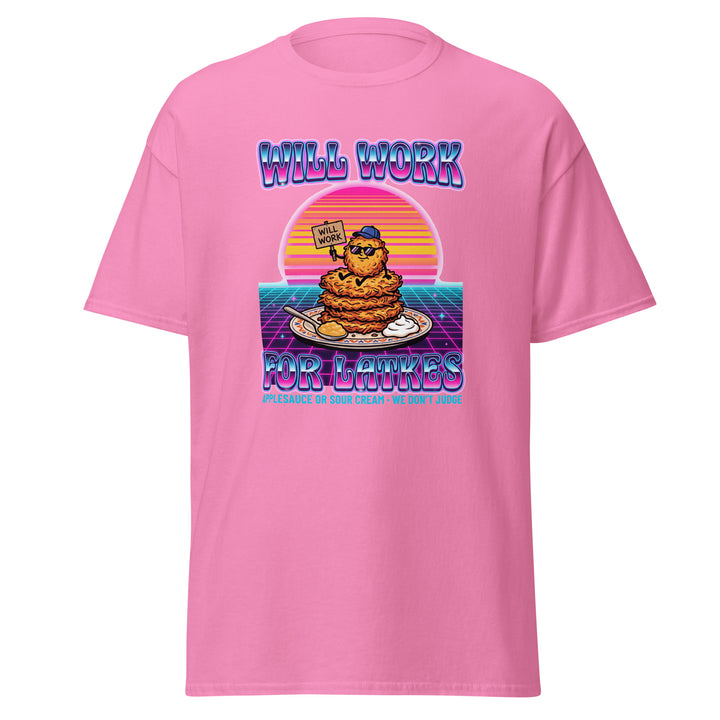 Will Work for Latkes 80s Jewish pride tee in Azalea - lifestyle shot
