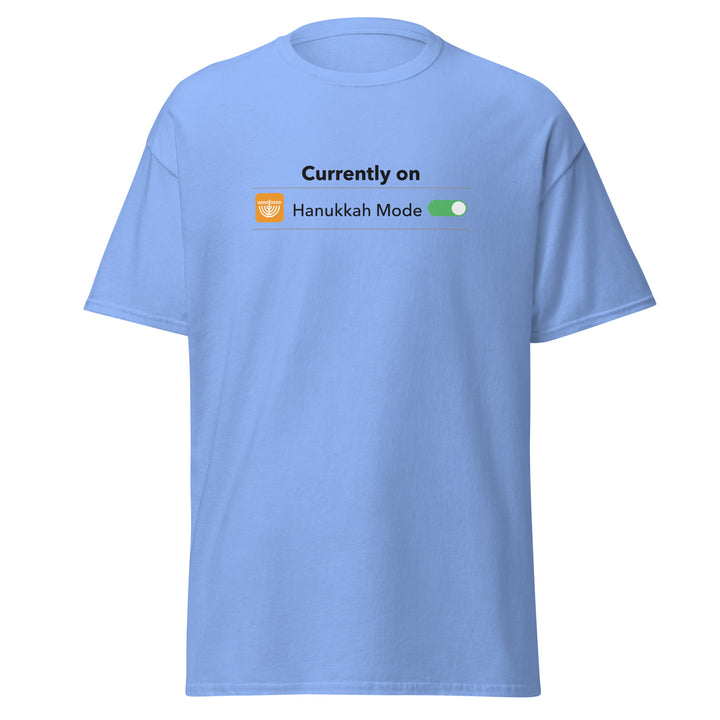 Hanukkah Mode Jewish pride tee in Carolina Blue - lifestyle shot