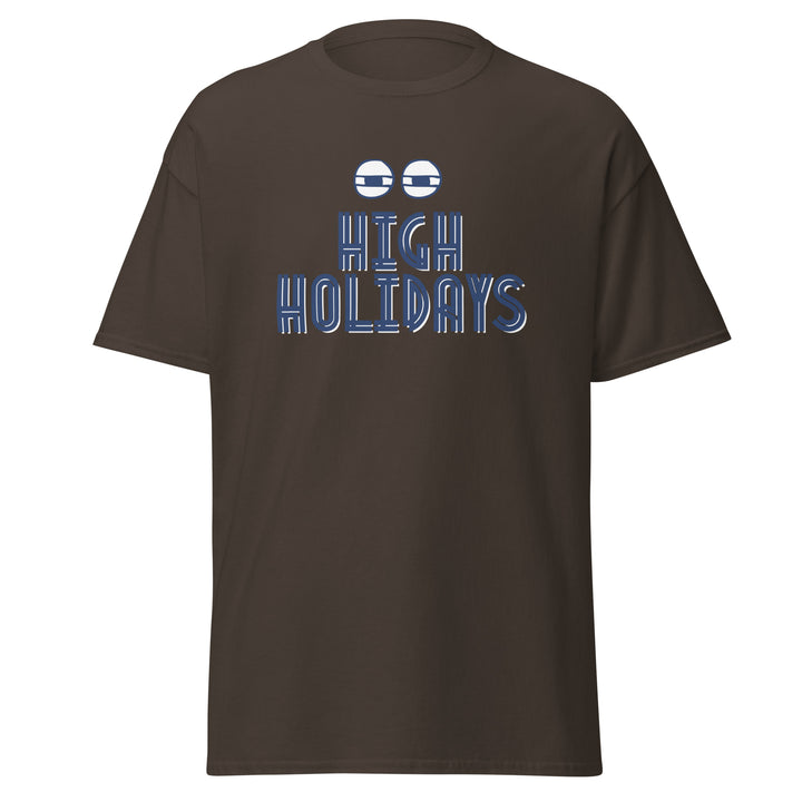 High Holidays Jewish pride tee in Dark Chocolate - close-up