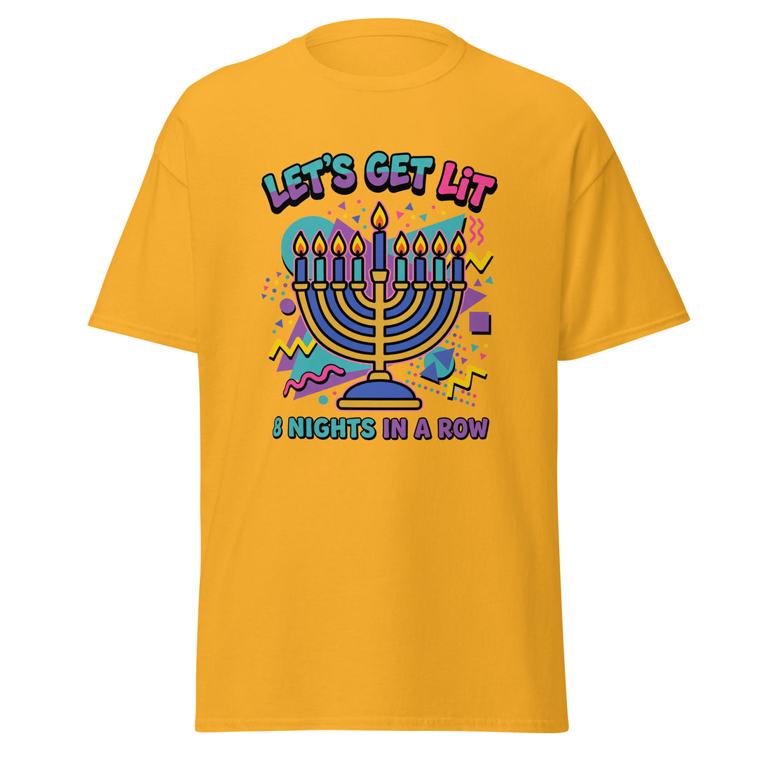 Lets Get Lit 90s Jewish pride tee in Gold - folded view