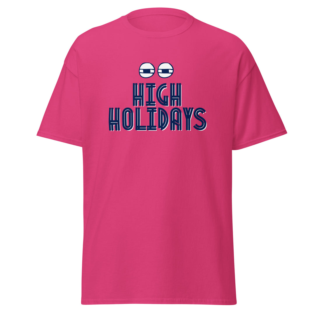 High Holidays Jewish pride tee in Heliconia - lifestyle shot