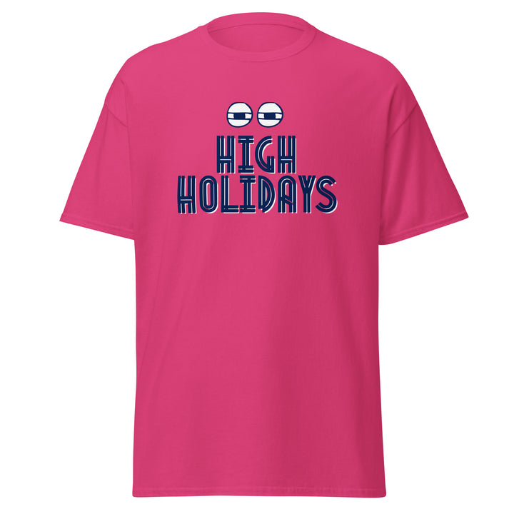 High Holidays Jewish pride tee in Heliconia - lifestyle shot