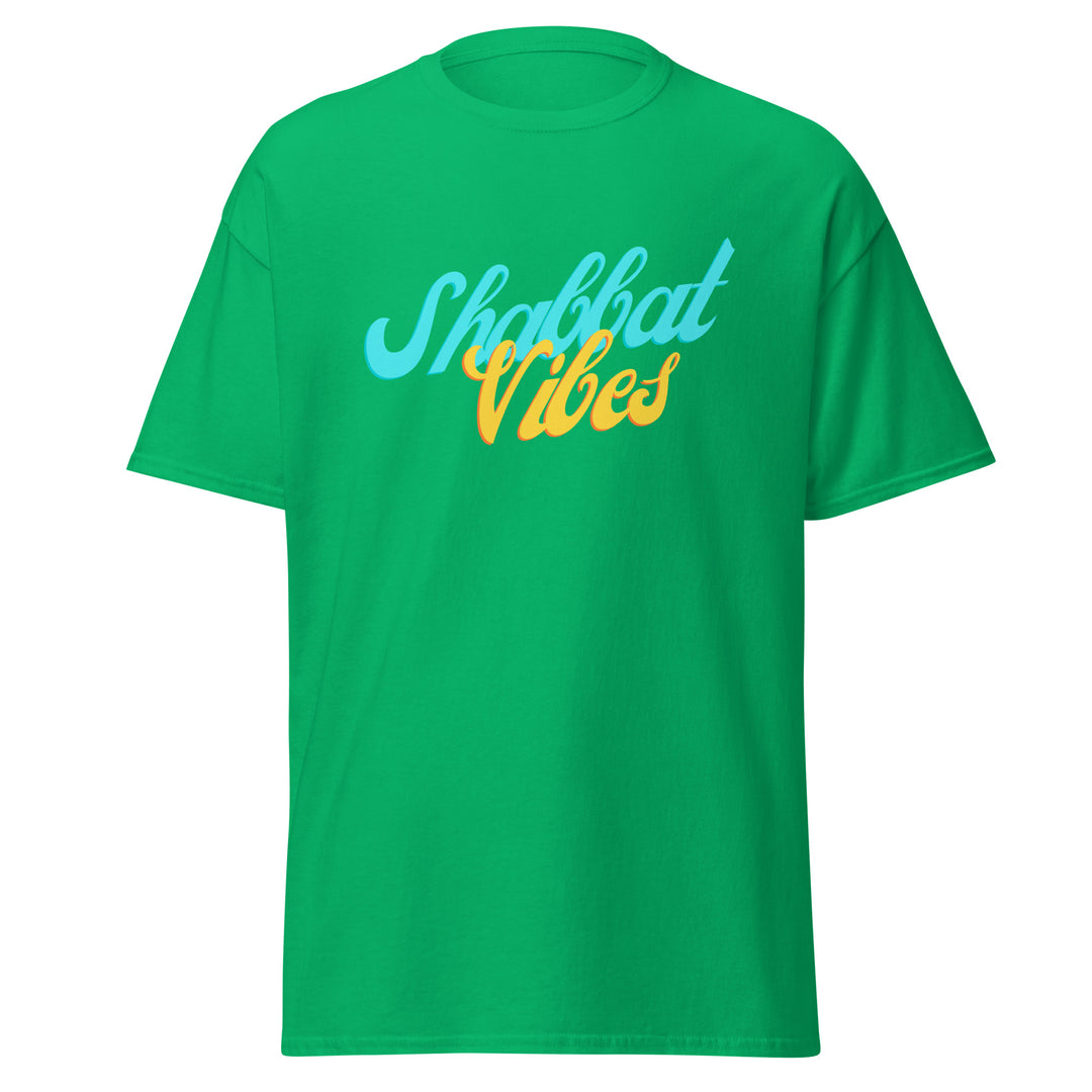 Shabbat Vibes Jewish pride tee in Irish Green - lifestyle shot