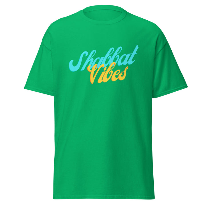 Shabbat Vibes Jewish pride tee in Irish Green - lifestyle shot
