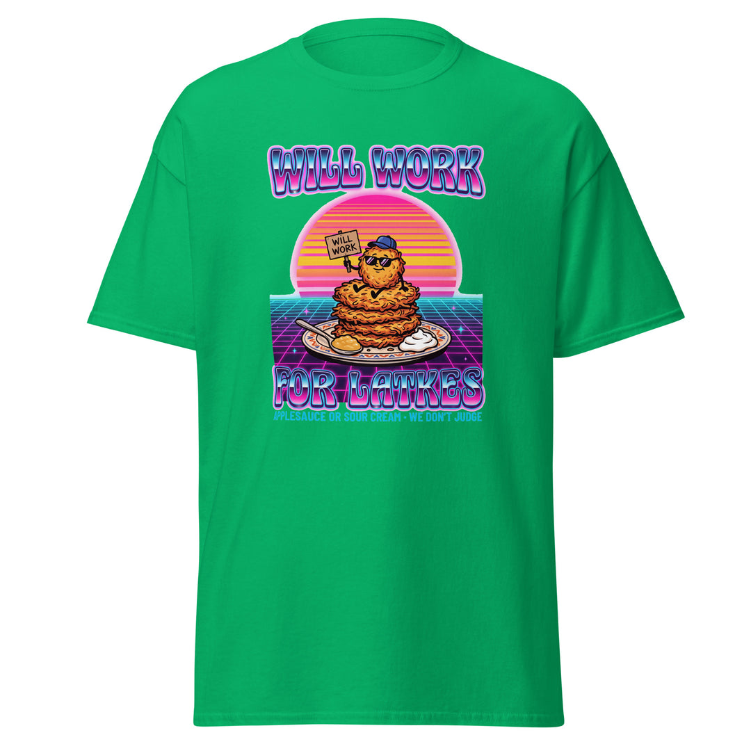 Will Work for Latkes 80s Jewish pride tee in Irish Green - flat lay