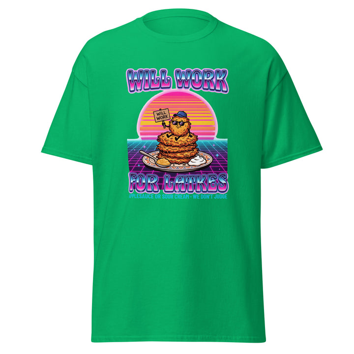 Will Work for Latkes 80s Jewish pride tee in Irish Green - flat lay