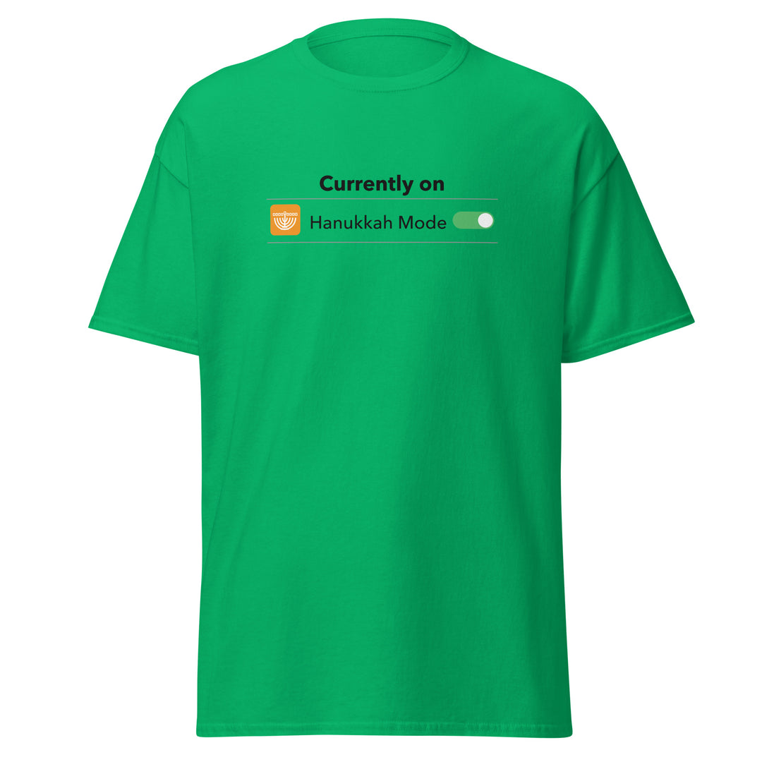 Hanukkah Mode Jewish pride tee in Irish Green - close-up