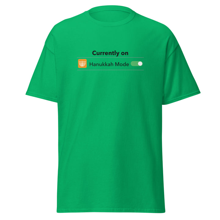 Hanukkah Mode Jewish pride tee in Irish Green - close-up