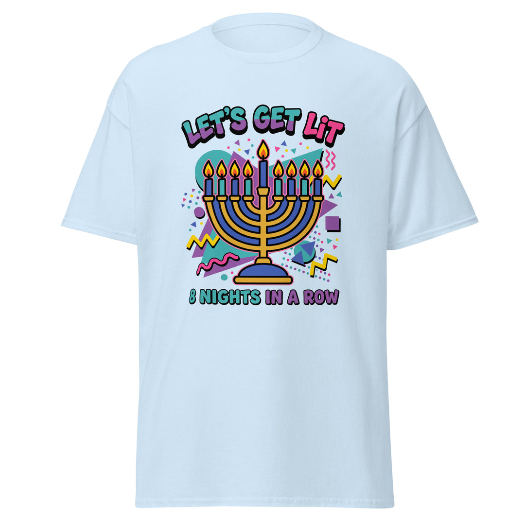 Lets Get Lit 90s Jewish pride tee in Light Blue - close-up