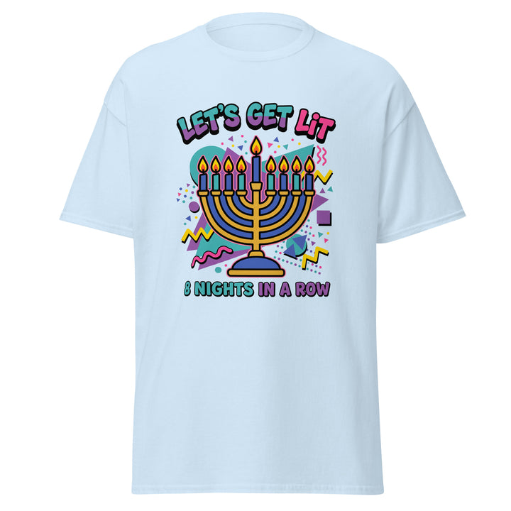 Lets Get Lit 90s Jewish pride tee in Light Blue - close-up